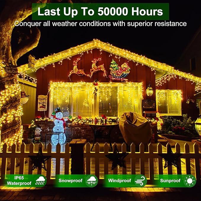 1296 LED Outdoor Christmas Lights with 288 Drops, 131FT ChristmasLights with 8 Modes Timer, Christmas Twinkly Lights IP44 Waterproof for Eaves Yard Room Holiday Wedding Party Decor Warm White