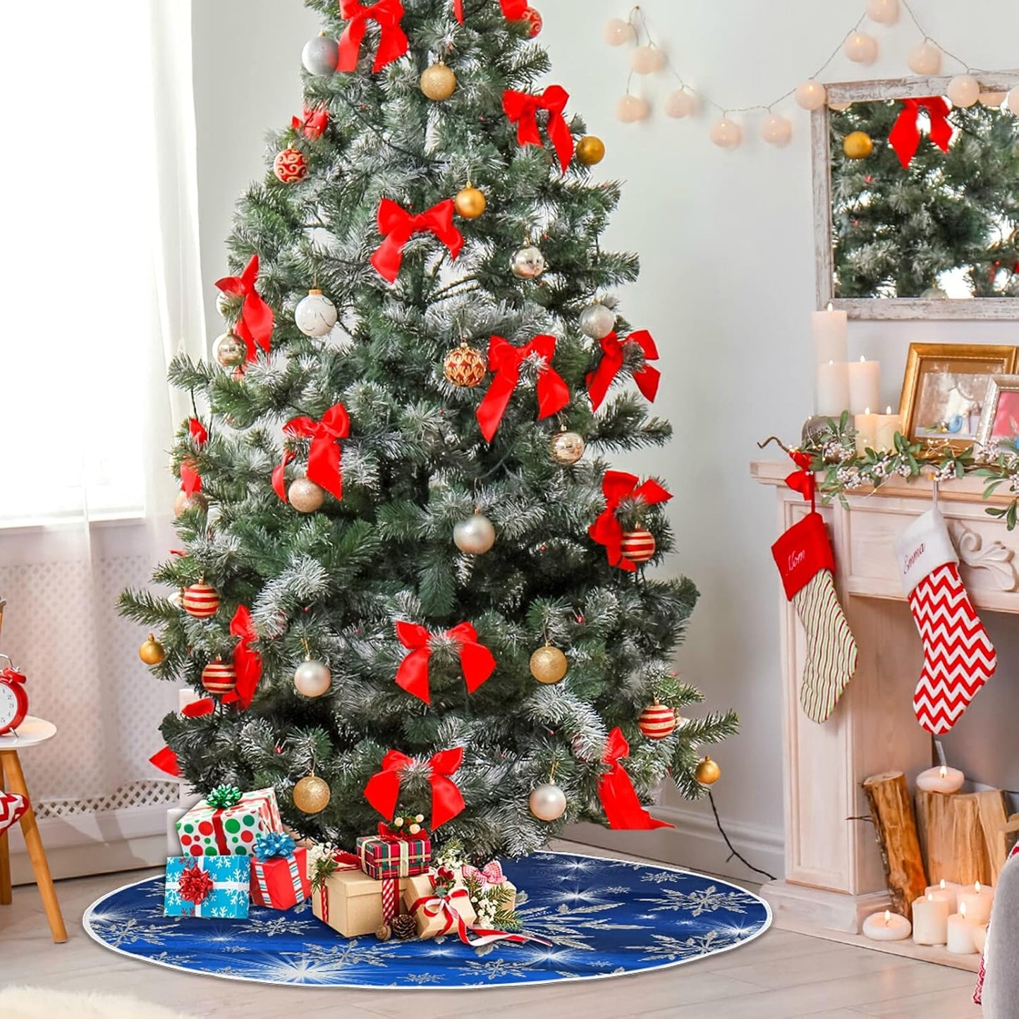 Christmas Blue Snowflakes Background Tree Skirt, Seasonal Tree Mat Holiday Party Supplies Ornaments Indoor Outdoor Decorations for Tabletop Trees 35.4 Inches