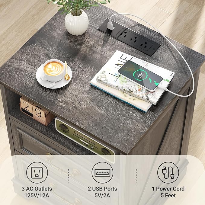 Unikito Farmhouse Nightstand with Charging Station, Bedside Table with 2 Large Drawers & Vintage Handles, Side Table with Open Storage for Bedroom Living Room Sofa Couch Office (Gray Oak)
