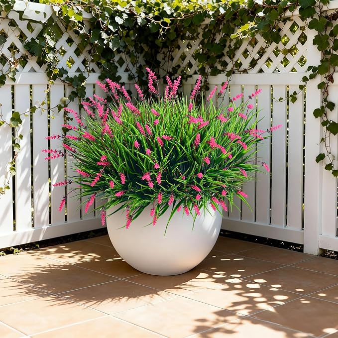 12 Bundles Artificial Lavender Flowers Faux Plants for Outdoor Fake Monkey Grass with Flowers Realistic Faux Greenery Shrubs for Porch Planters Patio Garden Window Boxes Pathway Decor (Pink)
