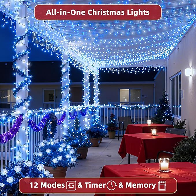 300LED 75FT Christmas Lights Indoor, LED Christmas Tree Decoration Lights with 12 Modes & Timer Memory, Dimmable Plug In Waterproof LED Xmas Light for Yard Trees Wedding Party Holiday Blue & White