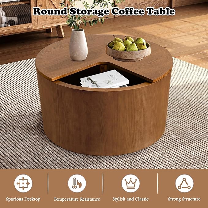 Round Coffee Table with Storage for Living Room 27.16" Small Brown Wood Tea Table Mid Century Modern Coffee Table Rustic Boho Coffee Table Circle Sofa Side Table for Small Space (Circle Brown)