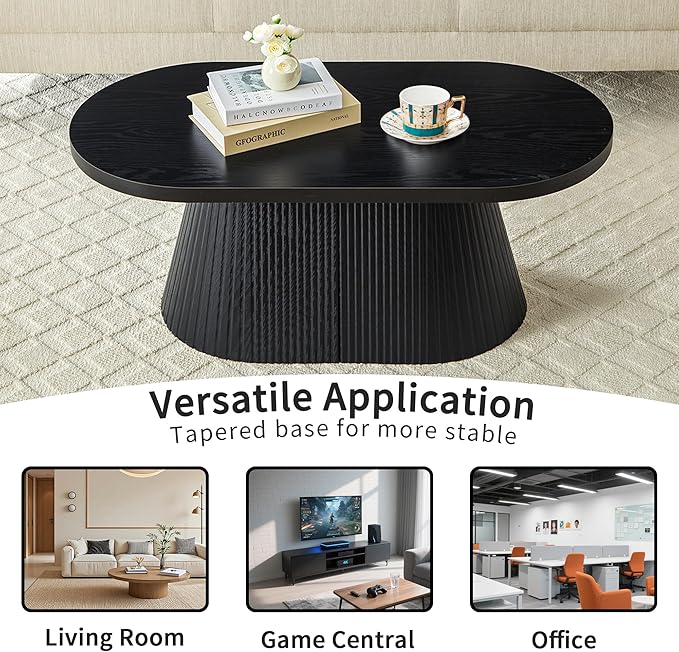 Fluted Coffee Table with Sturdy Tapered Base, Wood Oval Small Coffee Table, Mid Century Modern Center Table for Living Room Office (Black 1)