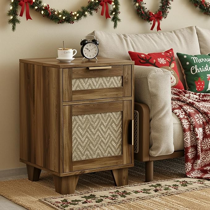 ONBRILL End Table with Storage & Charging Station, Farmhouse Wood Night Stand with Drawers, Adjustable Shelf, Bed Side Tables for Small Space, Living Room, Bedroom, Brown