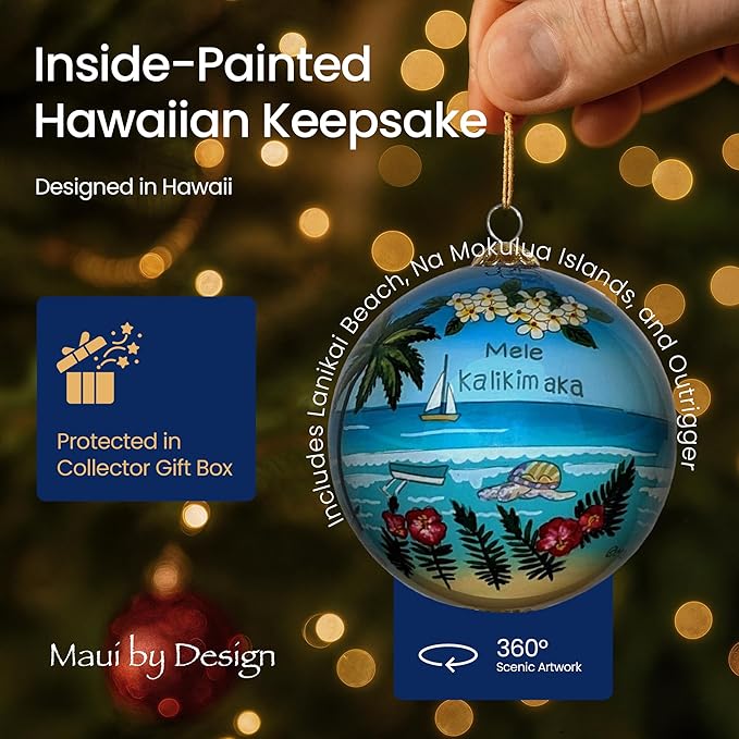 Collectible Lanikai Kailua Hand-Painted Glass Ornament with Gift Box