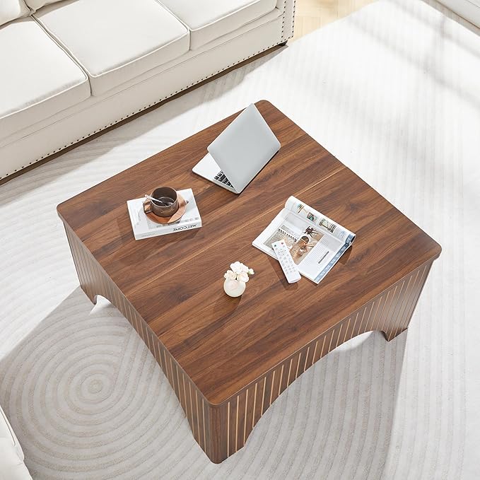 39'' Square Coffee Table with Storage, Farmhouse Lift Top Coffee Table for Living Room Fluted Wood Center Table Arched Dining Table with 2 Hidden Storage Compartment (Walnut)