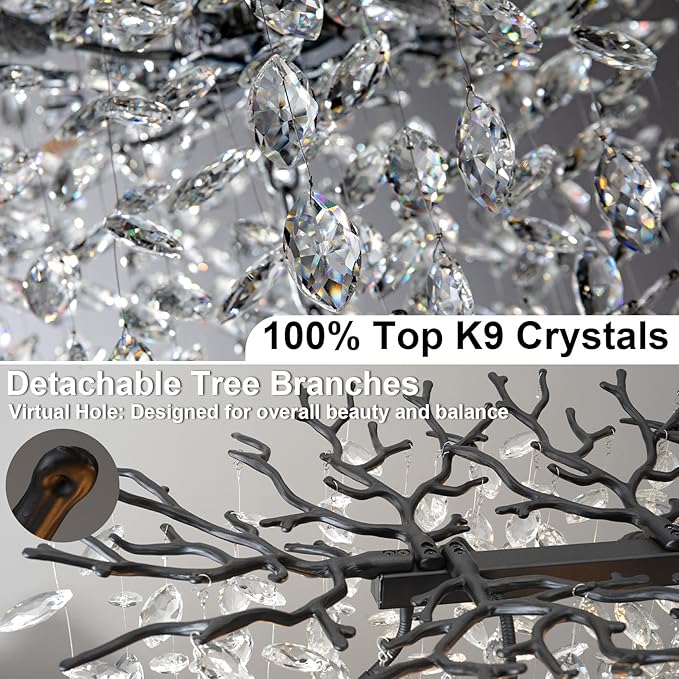 YUYI 60" Black Tree Branch Chandelier, 16-Light Rectangular Crystal Chandelier for Dining Room Kitchen Island, Luxury Modern K9 Crystal Raindrop Chandeliers Light Fixture for Living Room