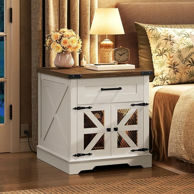 White Farmhouse End Table Set of 2, 24" Large Sofa Side Table with Drawer, Large End Table for Living Room, Wooden Nightstand with Charging Station, Square, White and Walnut