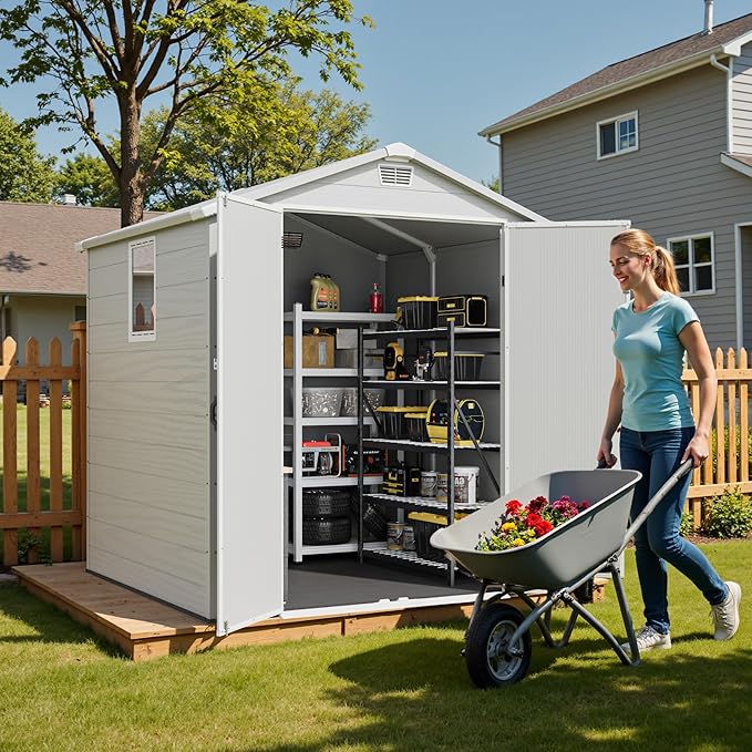 Greesum 6x6FT Plastic Outdoor Storage Shed with Floor, Resin Sheds with Lockable Double Door, All-Weather Tool Sheds with Window and Vents, for Garden, Backyard, Patio, Light Gray