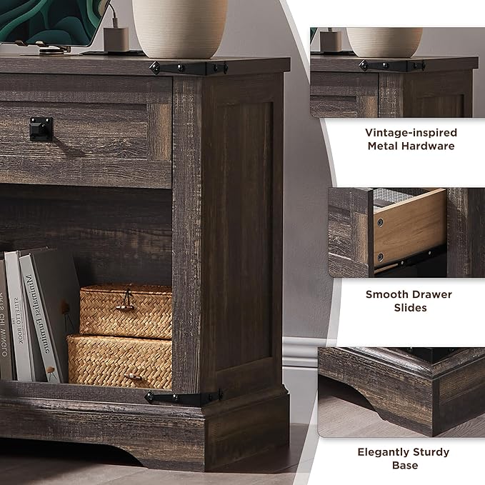 T4TREAM 24" Farmhouse Nightstand with Charging Station Set of 2, Large End Table with Drawer and Open Storage Cabinet, Rustic Wood Bedside Table Sofa Table for Bedroom, Dark Rustic Oak