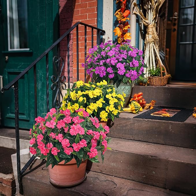 Artificial Impatiens Bouquet Flowers for Outdoors Silk Faux Flowers for Outdoor Impatiens Plants Decor Indoor Planters Kitchen Planters and Balcony Decorations 4PCS (Rose Red)