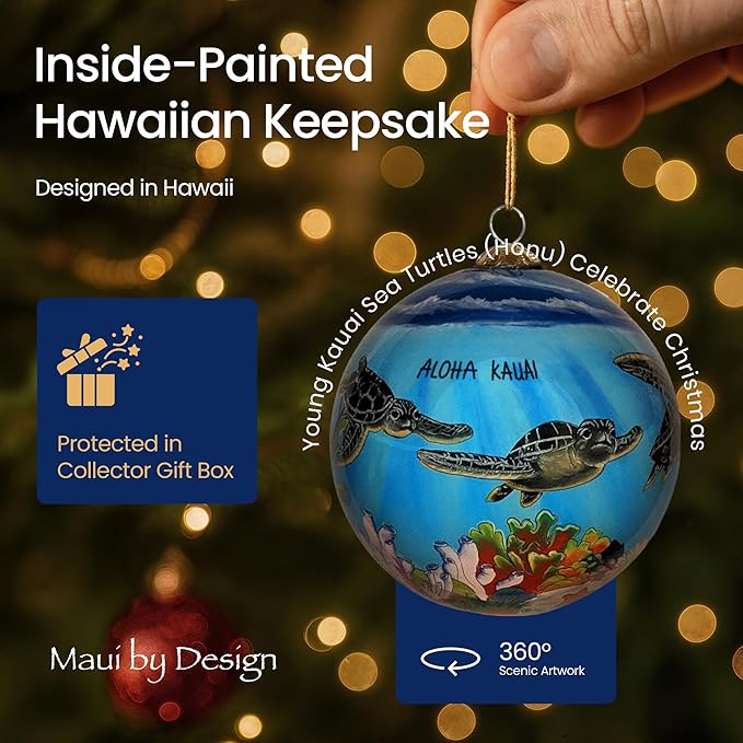 Collectible Kauai Turtles Ornament Hand-Painted Glass with Gift Box PT/K