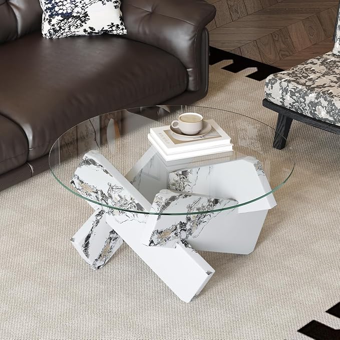 White Round Glass Coffee Table,33-Inch Coffee Tables for Living Room Clear Circle Accent Table Adapts to Farmhouse and Contemporary Decor