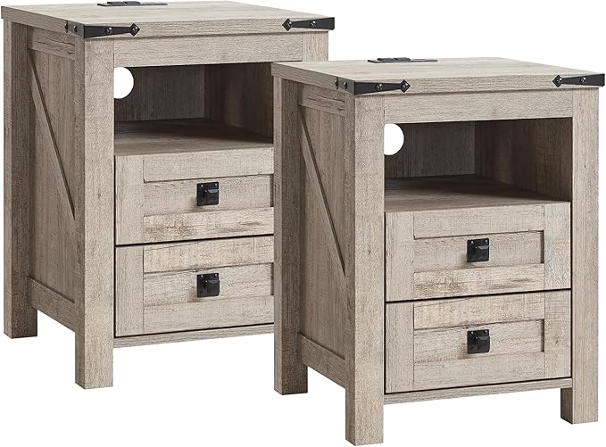 T4TREAM Farmhouse Nightstand Set of 2 with Charging Station, Rustic End Table with 2 Drawers, Storage Open Shelf for Bedroom, Living Room, Wood Side Table, Light Rustic Oak