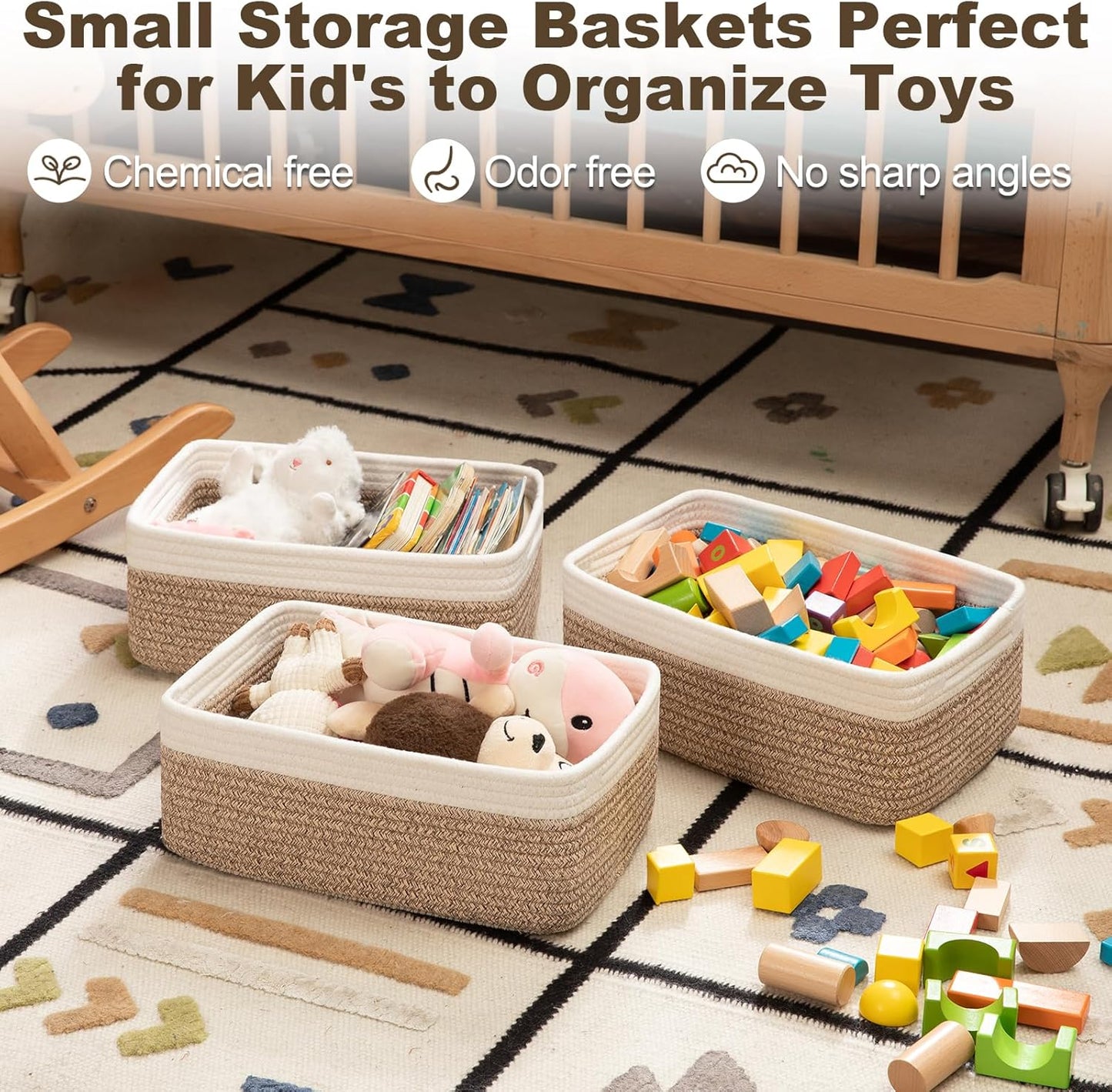 3 Pack Small Storage Baskets for Organizing, Cute Woven Decorative Gift Baskets for Shelves, Mini Closet Organizer Bins with Handles-13''Lx8.66''Wx5.11''H-Brown and White