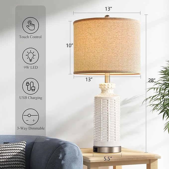 28" White Table Lamps Set of 2, Ceramic Lamps for Living Room with 2 USB Charding Ports, Modern Bedroom Lamps for Nightstand, 2 LED Bulbs Included