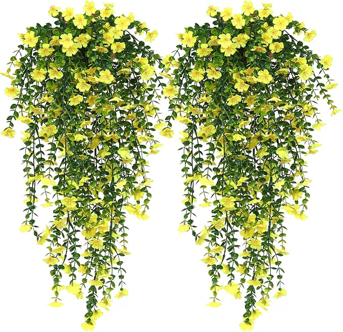 RECUTMS Artificial Hanging Flowers Plants for Outdoors 4 Pcs Fake Mums Plant Decor Realistic Real Touch Silk Flower UV Resistant Trailing Vine Look Real for Yard Porch Patio Garden Balcony (Yellow)
