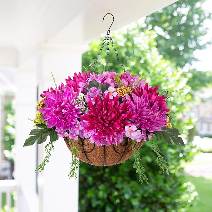 HyeFlora Artificial Fall Mums Flowers Baskets for Outside Decoration, Fake Hanging Silk Fuchsia Flower, Faux Chrysanthemum Summer UV Resistant Realistic for Porch Yard Autumn Decor