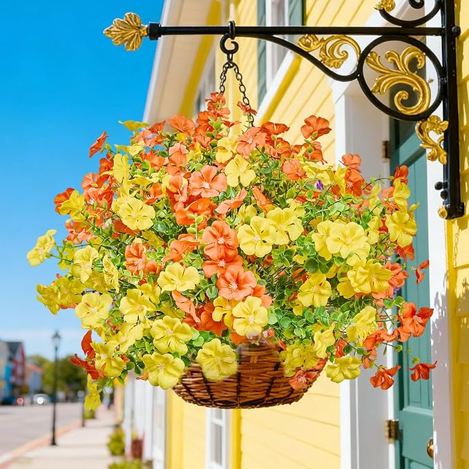 Artificial Flowers Outdoor Indoor Garden Family Porch or Patio Decoration,Faux Flowers,Small Flowers Outdoor Artificial Flowers a Bunch of 12 Orange and Yellow