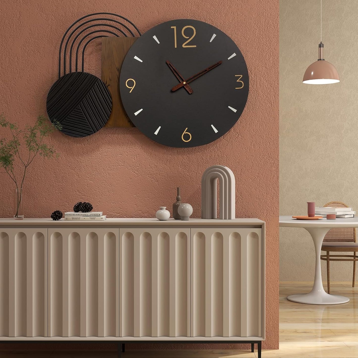 Wall Clock Modern Battery Operated Black Big Clocks Metal& Wood Retro Style Large Wall Watch Metal Walnut Dial Wall Clock Perfect for Modern Home,Office 26inchX18inch