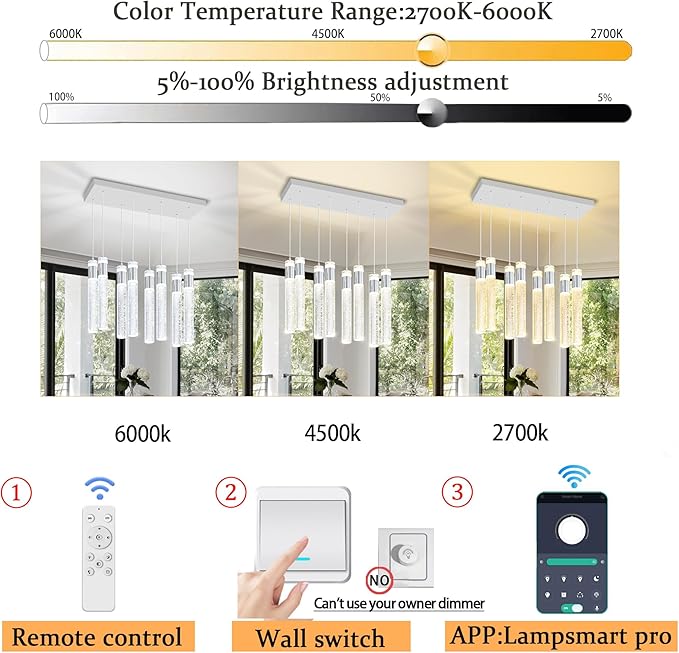 8-Lights Silver Hanging Pendant Light for Kitchen Island Modern Dimmable LED Crystal Chandeliers for Dining Room Bedroom Living Room Over Table Adjustable Height