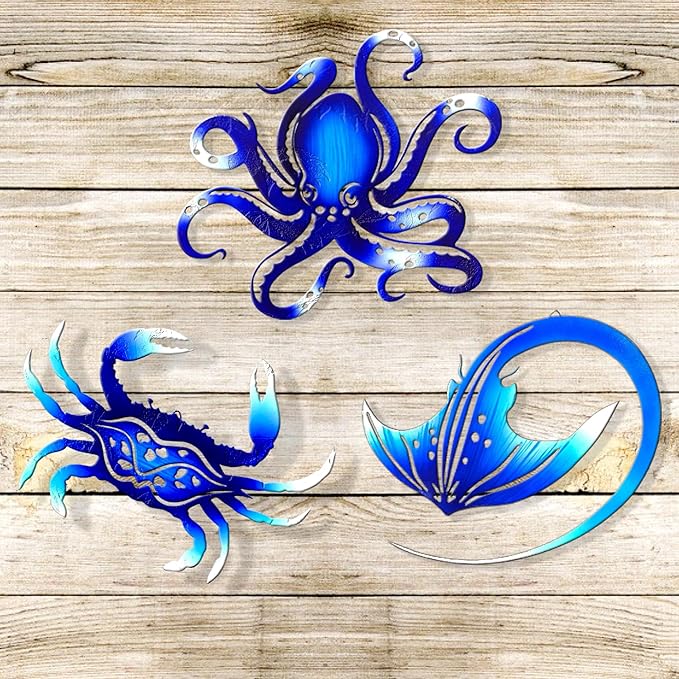 Weibefee Metal Wall Art Decor Octopus Crab Manta Ray Coastal Nautical Ocean Christmas Decor Concise 9'' Set of 3 Hanging Christmas Decorations Gift for Bathroom Beach Indoor Outdoor Pool Home Bedroom Living Room Blue