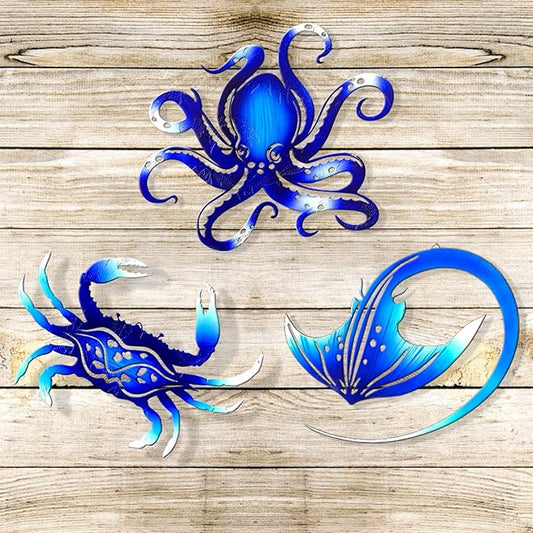 Weibefee Metal Wall Art Decor Octopus Crab Manta Ray Coastal Nautical Ocean Christmas Decor Concise 9'' Set of 3 Hanging Christmas Decorations Gift for Bathroom Beach Indoor Outdoor Pool Home Bedroom Living Room Blue