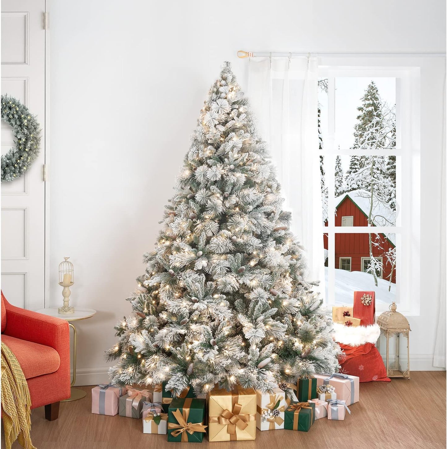 Naomi Home 6.5ft Snow Flocked Christmas Tree with Lights,Realistic Frosted Pine Prelit with Pine Cones, Foot Pedal 1040 Branch Tips, 650 Warm Lights & Metal Stand, Pre Lit Xmas Tree