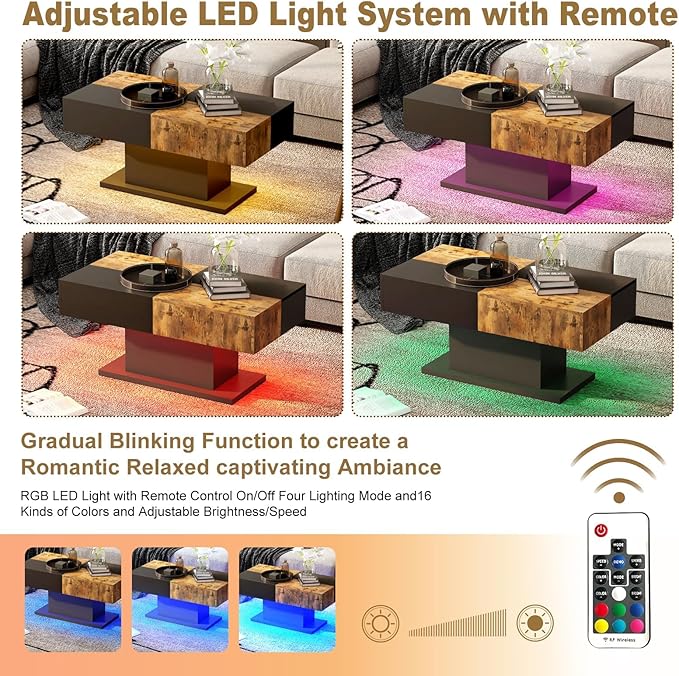 Black Led Coffee Table for Living Room, Living Room Table Rectangular Center Table, Modern Wooden Coffee Tables with 16 Colors LED Lights for Dining Reception Room