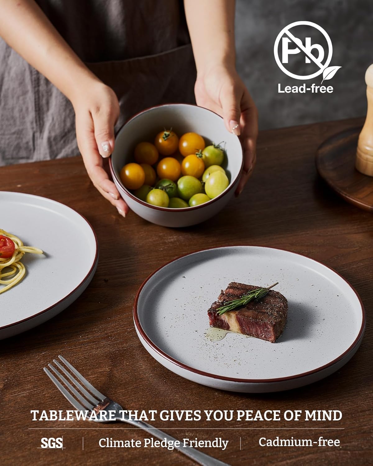 Famiware Mercury Plates and Bowls Sets, 18 Pieces Stoneware Dinnerware Sets, Dishes Set for 6, Microwave and Dishwasher Safe, Light Grey
