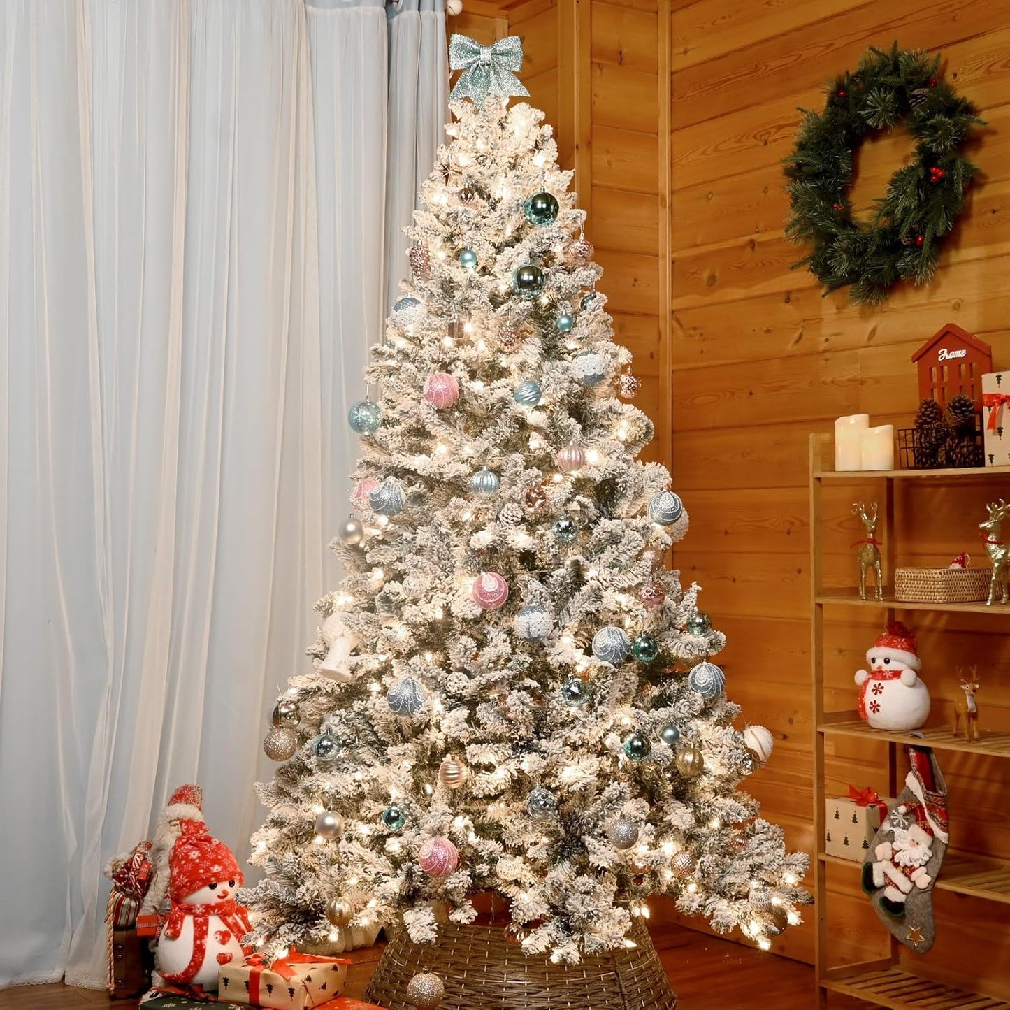 9 ft Prelit Flocked Christmas Tree with Pine Cones & 850 UL Lights, Snow Frosted Artificial Christmas Tree with Auto Hinged Stand for Holiday Decor
