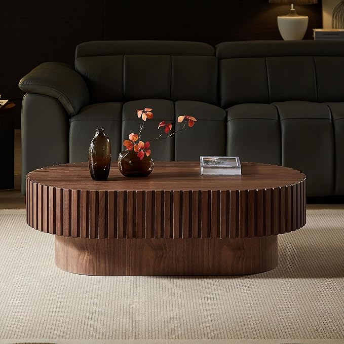 WILLIAMSPACE 43.7" Walnut Oval Coffee Table, Mid Century Modern Luxury Wood Drum Center Table for Living Room, Handcraft Accent Side Table for Apartment, 43.7"*24.8"*13.78"H (Walnut)