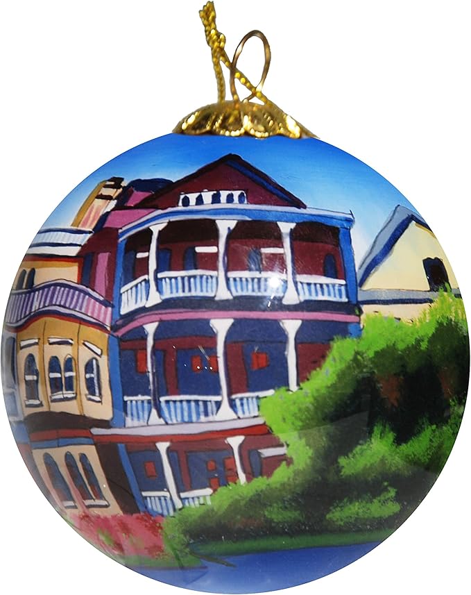 Blown Glass Christmas Ornament | Rainbow Row Houses Savannah | Hand Painted Inside | Original Art | Includes Gift Box
