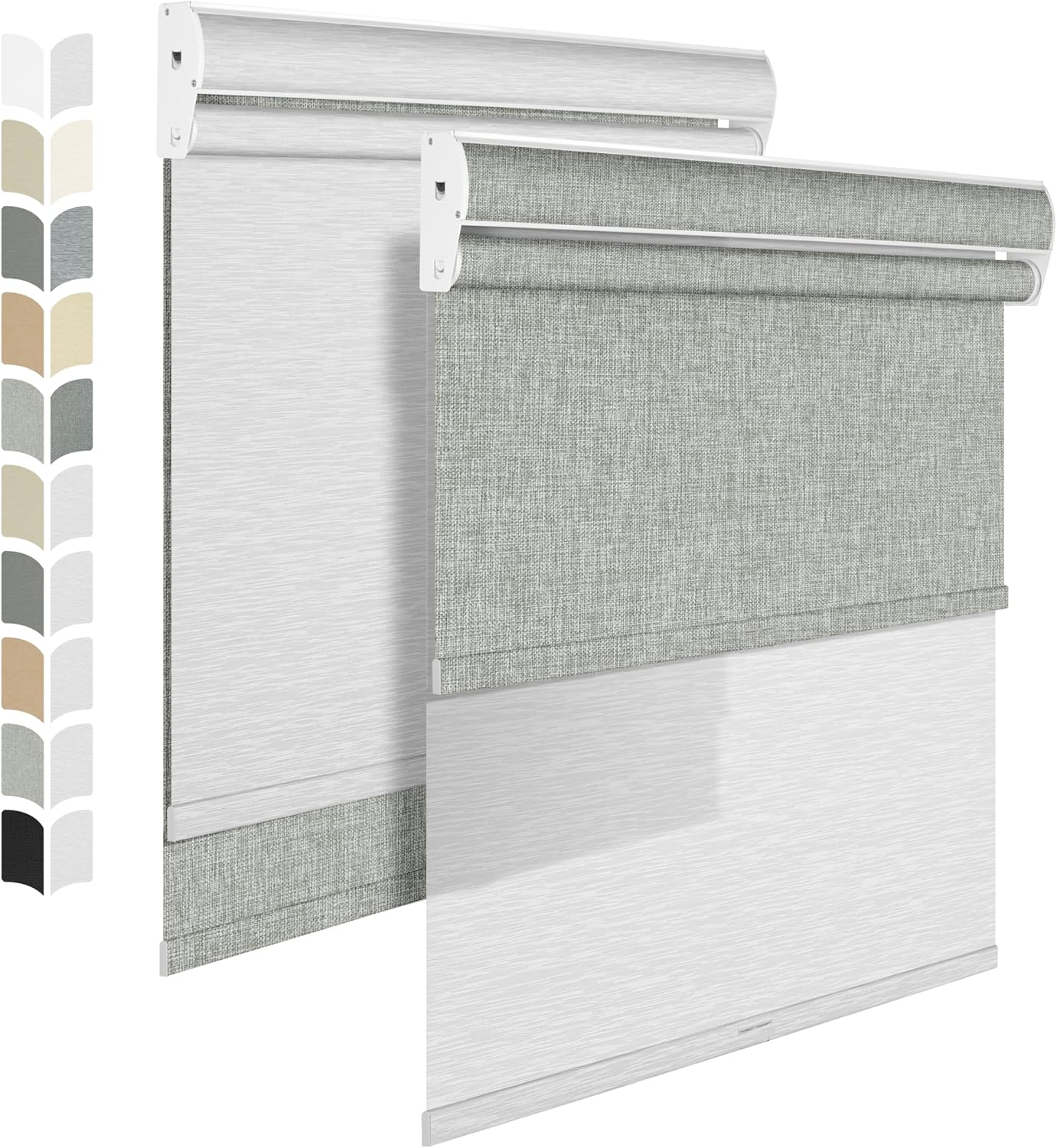 BERISSA Dual Roller Shades with Cassette Valance, Blackout and Light Filtering, Day and Night Shades for Home Office Door. Linen Grey and White. 33 W x 44" H