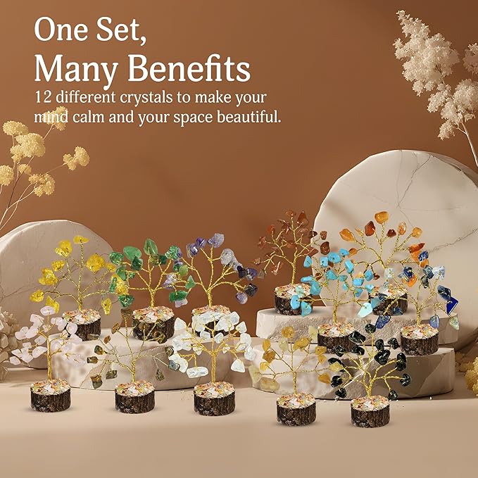 YATSKIA Crystal Tree Gifts for Women, Crystals and Stones, Home Office Desk Decor, Crystal Tree of Life Decor, Money, Spiritual, Reiki, Good Luck Gifts for Mom (Set of 12 Mini Trees)