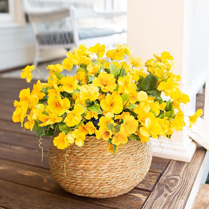 Hibiscus Artificial Flowers Plants for Outdoors Decoration, 6 Bundles Silk Hibiscus Tropical Flowers Artificial Realistic UV Resistant Fake Flower for Outside Planter Porch Patio Balcony, Yellow