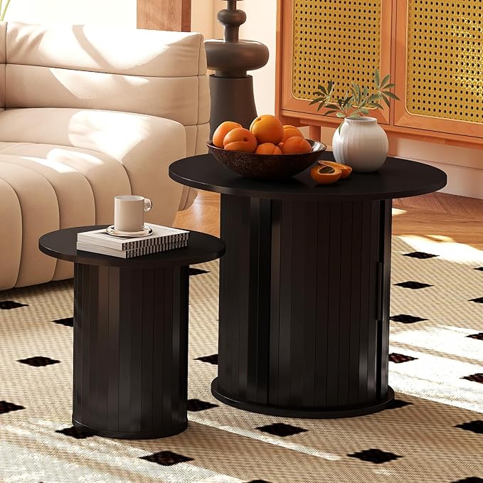 COSVALVE Nesting Coffee Table Set of 2 with Hidden Storage & Sliding Door, Circle Wood Coffee Table, Farmhouse Side & End Table Sets for Living Room, Small Spaces, Black