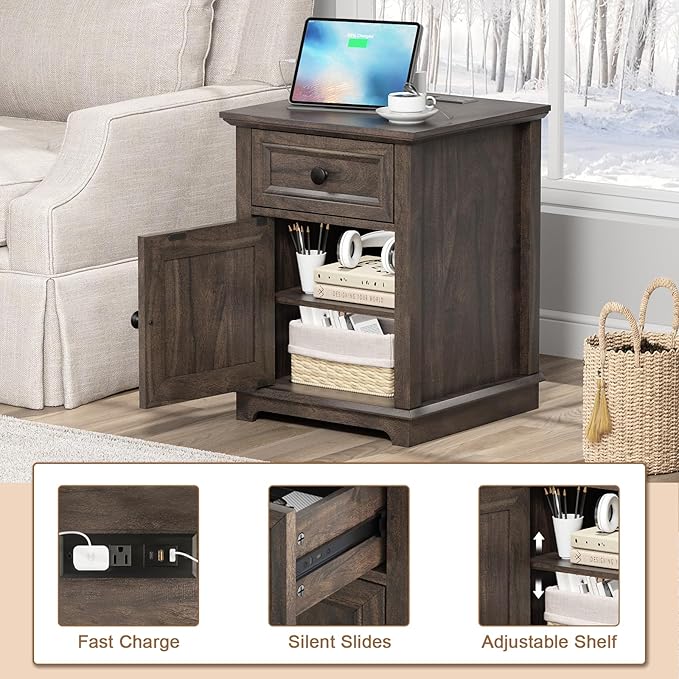 End Tables with Fast-Charge Sets, Side Tables with Drawers, Storage Side Tables Living Room, Adjustable Shelf, Bedroom Nightstands Set of 2, Rustic Brown