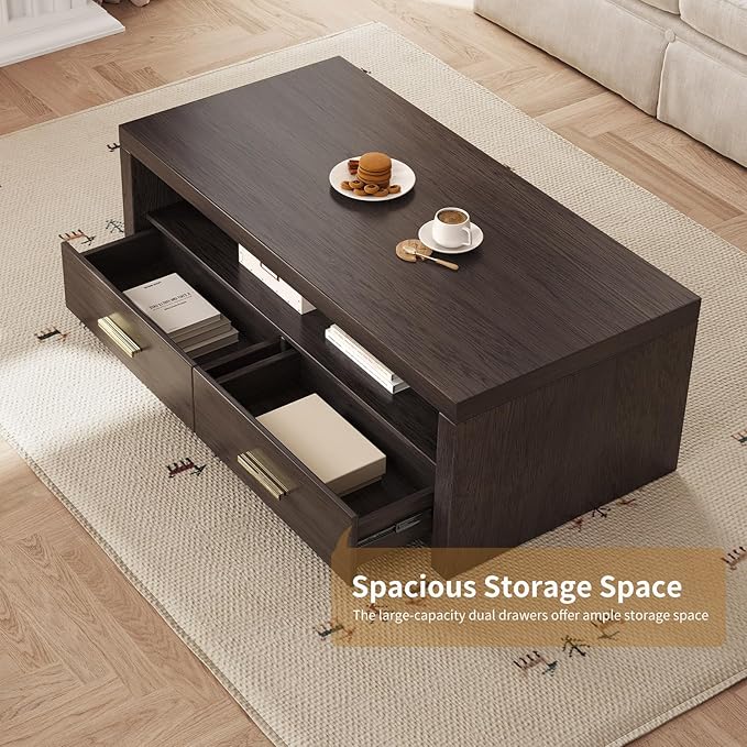 Coffee Table with Storage, 4 Storage Drawers Mid-Century Modern Rectangular Center Table, Retro Tea Table with Open Display Area for Bedroom, Living Room