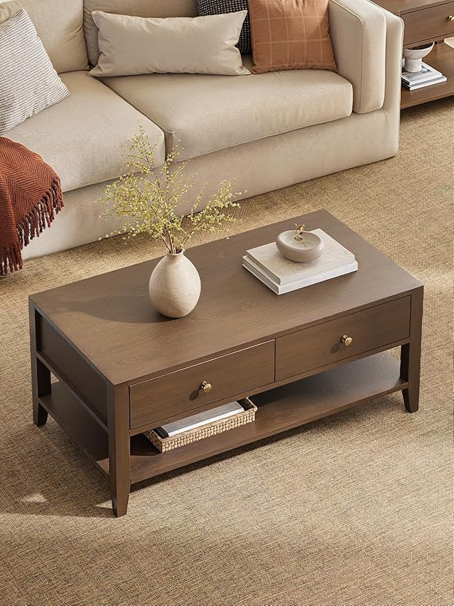42" Farmhouse Coffee Table with Storage, Solid Wood Coffee Table for Living Room, Rectangle Coffee Table Center Table for Home Office Apartment, Easy to Assemble, Walnut