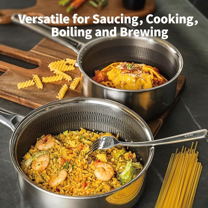 Hybrid Nonstick Saucepan Set of 2 with Lids 1.5 QT and 3 QT, Stainless Steel Honeycomb Pans,Compatible with All Cooktops,Dishwasher and Oven Safe
