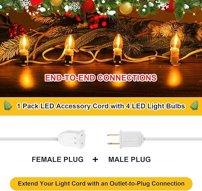 1Pack Accessory Cord with 4LED Bulbs and Outlet Christmas Village Light 8.9FT Blow Mold Light Cord with Spare Fuse Warm White C7 Lamp Christmas Village Accessories for Village Houses Craft Pumpkin