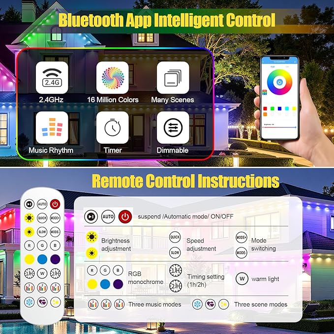 Permanent Outdoor Lights, 150ft RGB+IC Smart LED Eaves Lights, IP67 Waterproof Outdoor Lighting with App/Remote Control for Christmas, Halloween, Holiday, Daily, Party, Ideal for House Roof