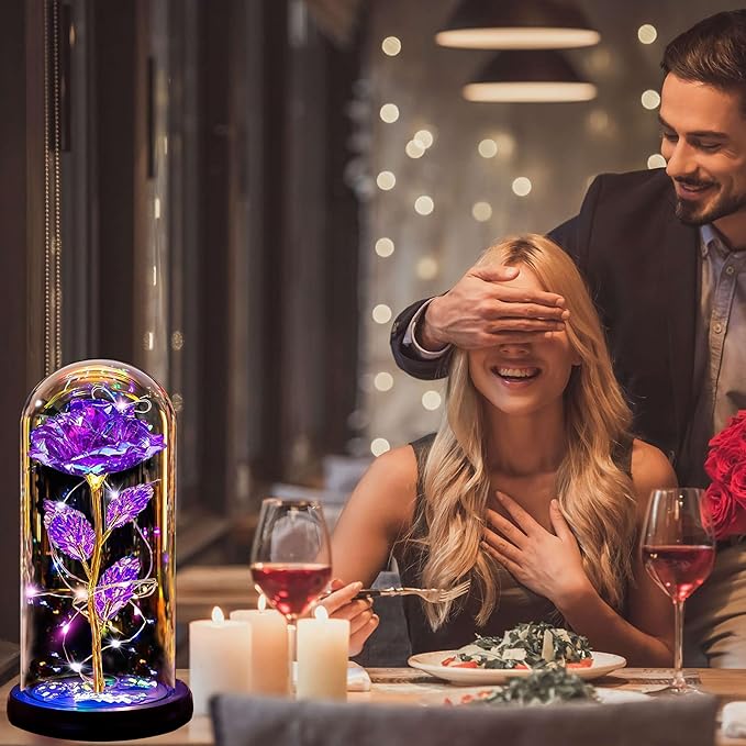 Christmas Rose Gifts for Women Mom, Womens Gifts for Christmas, Glass Flower Gifts for Sister, Rose Enchanted Crystal Flower Gift Light Up in Glass Dome,Birthday Gift for Women Wife Purple