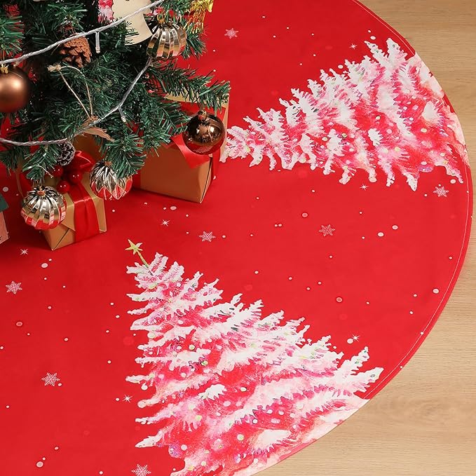 Christmas Tree Skirt 48 Inch, Red Christmas Tree Skirt with Christmas Tree Design, Thick Flannel Fabric, Rustic Farmhouse Xmas Tree Skirt for Holiday Decorations, Indoor Christmas Party