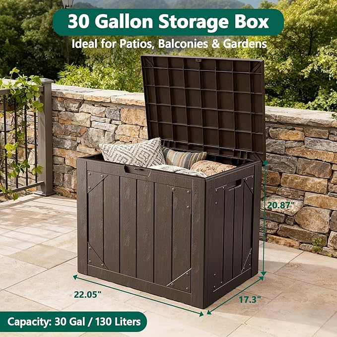 Outdoor Storage Box, 30 Gallon Deck Box Outdoor Storage Bench Outside Waterproof Resin Storage Bench, Lockable Patio Cushions, Garden Tools Storage For Furniture, UV Resistant (Brown)