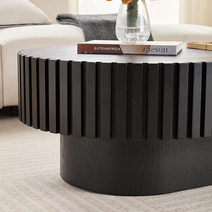 WILLIAMSPACE 43.7" Black Oval Coffee Table, Mid Century Modern Luxury Wood Drum Center Table for Living Room, Handcraft Accent Side Table Tea Table for Apartment, 43.7"*24.8"*13.78"H (Black)