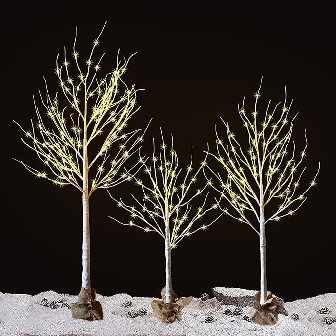 Outdoor Christmas Decoration Lighted Birch Tree, 3 Packs LED Prelit Light up Tree with Burlap Decor, Warm White, Power Supply by Adaptor, Xmas New Year Indoor&Outdoor Decor(4FT&5FT&6FT)