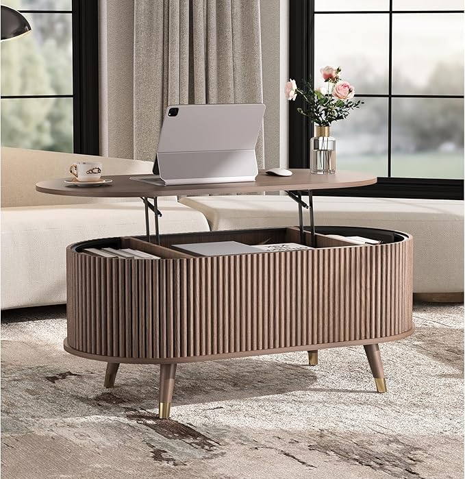 Oval Coffee Table with Storage,42.5” Mid Century Modern Coffee Table with Lifting Top,Fluted Center Tables for Living Room,Home Office,Walnut