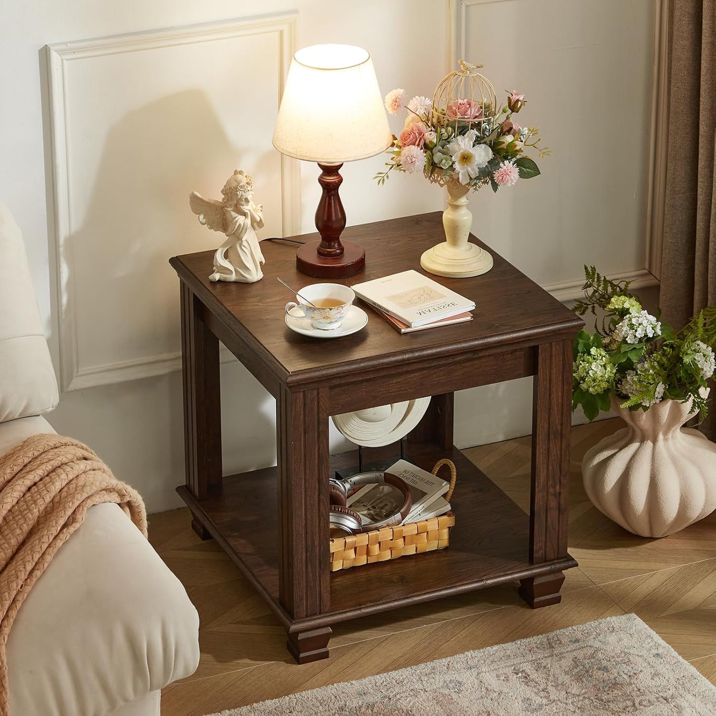 Farmhouse End Table,Large Side Table with 2-Tier Storage Shelf,Rustic Brown End Tables for Living Room,Square Tea Table,Walnut